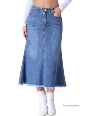 Vintage High Waisted A-Line Slit Fishtail Long Denim Skirt